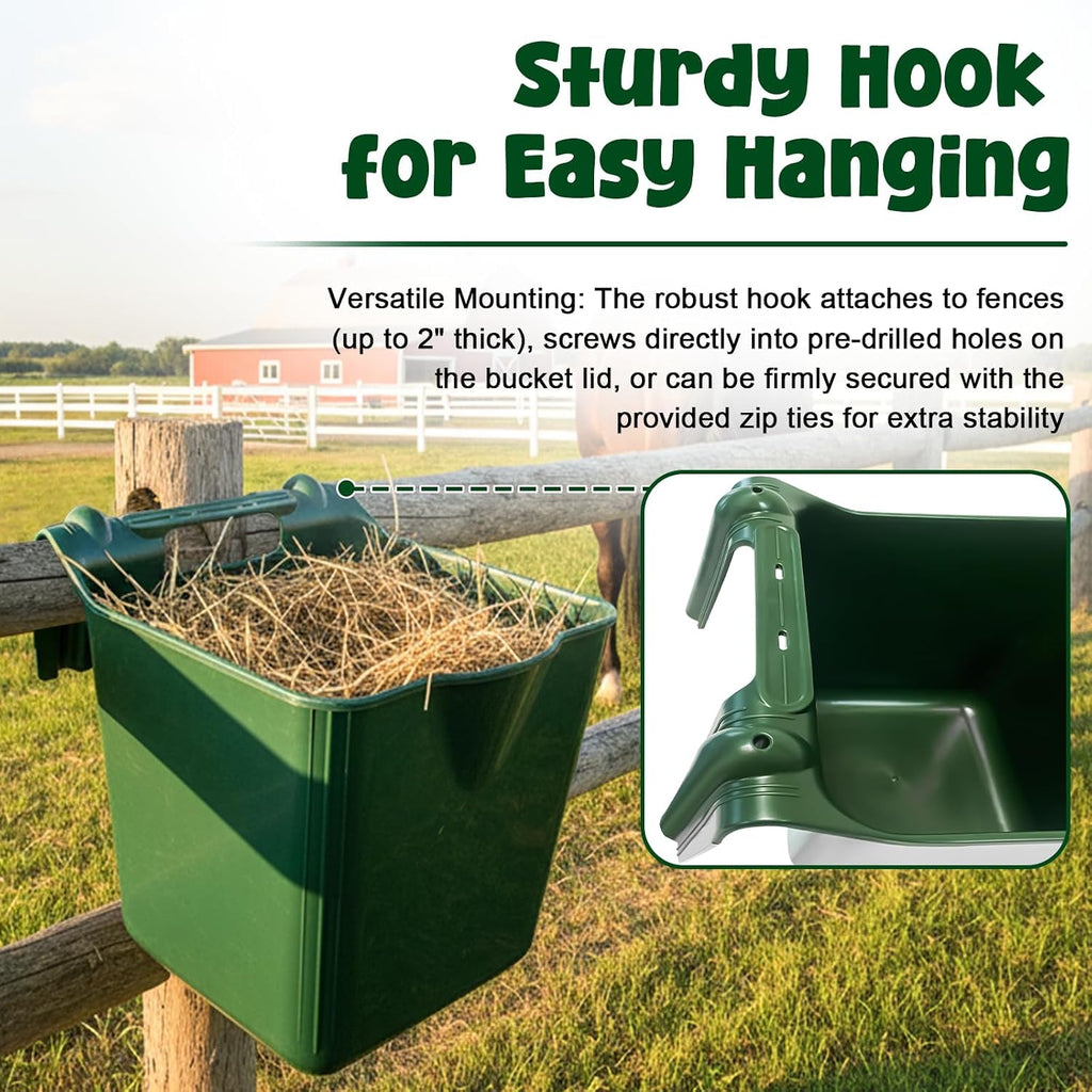 Horse Feed Bucket, 15 Quart Plastic Stall Hook Over, Green 4-Pack