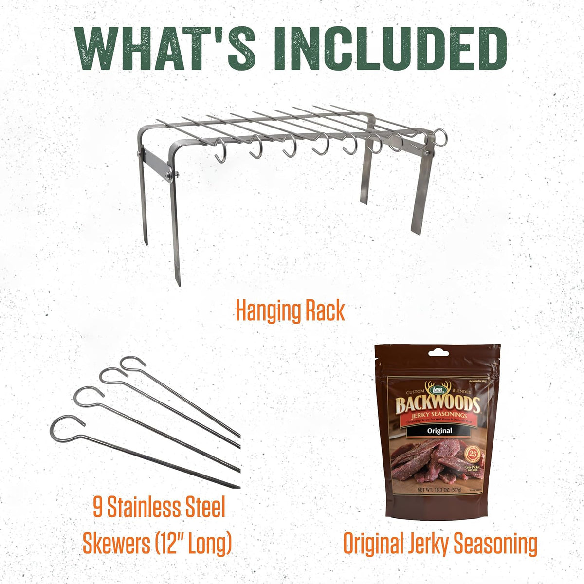 Products Jerky Hanger with 9 Skewers, Backwoods Jerky Seasoning
