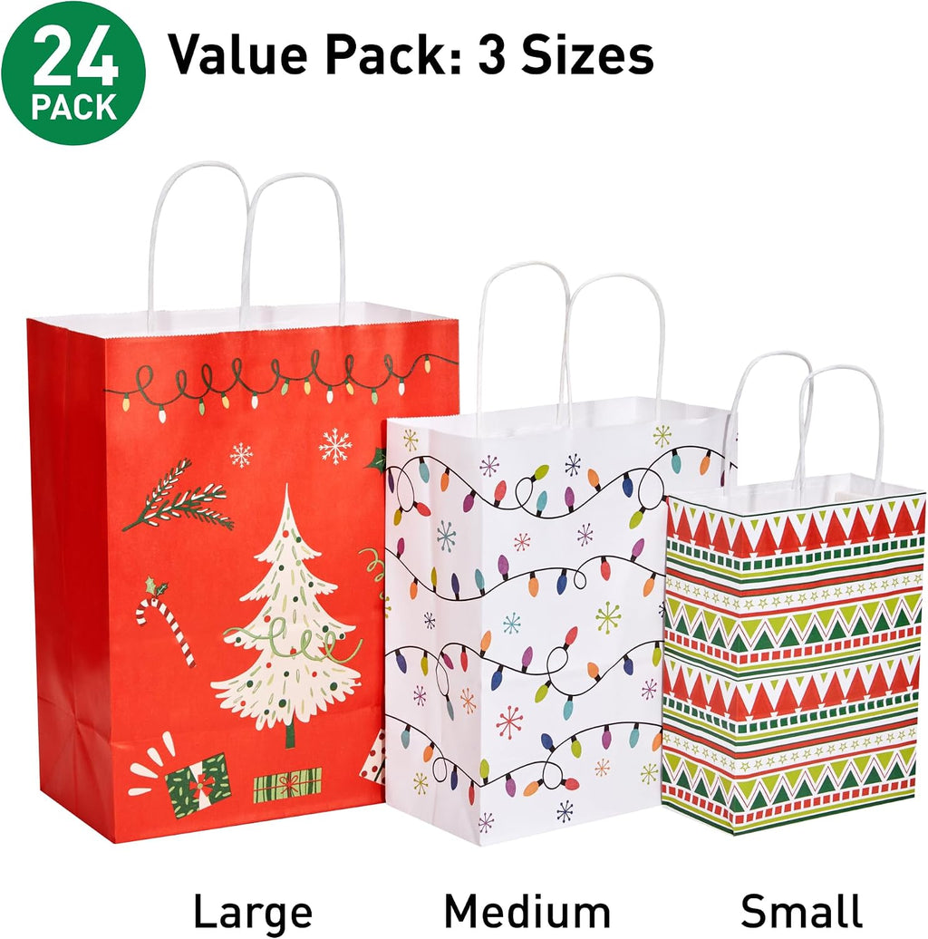 24 Pack Assorted Sizes Christmas Gift Bags Bulk with Tissue Paper