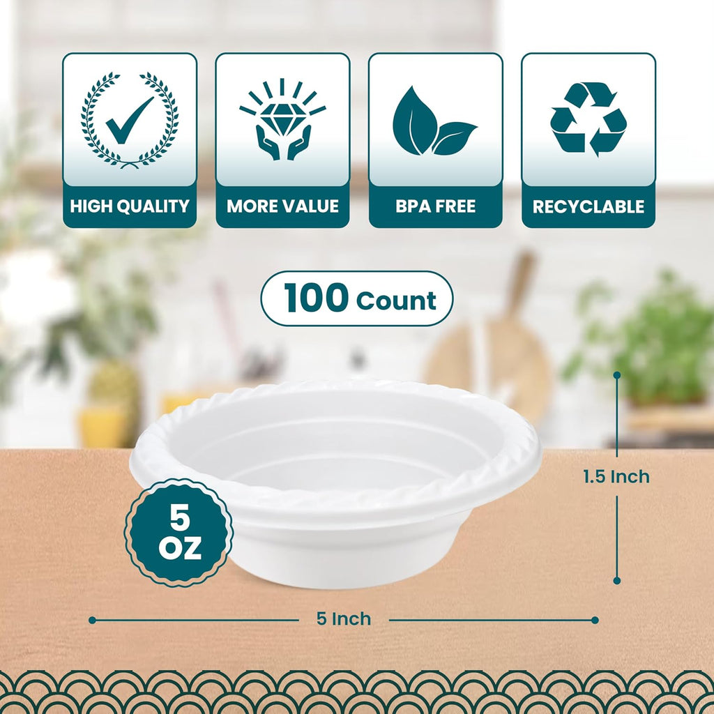 Plastic Bowls - 100 Count Microwavable Disposable Bowls - Strong Heavy Duty And Sturdy White Plastic Bowls Disposable