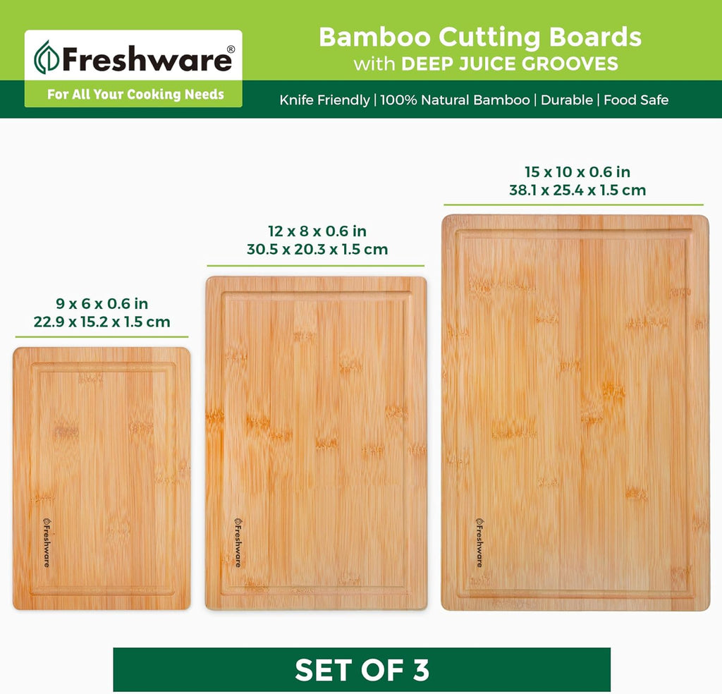 Wood Cutting Boards for Kitchen - Bamboo Cutting Board Set of 3, Cutting Boards with Juice Grooves, Serving Board