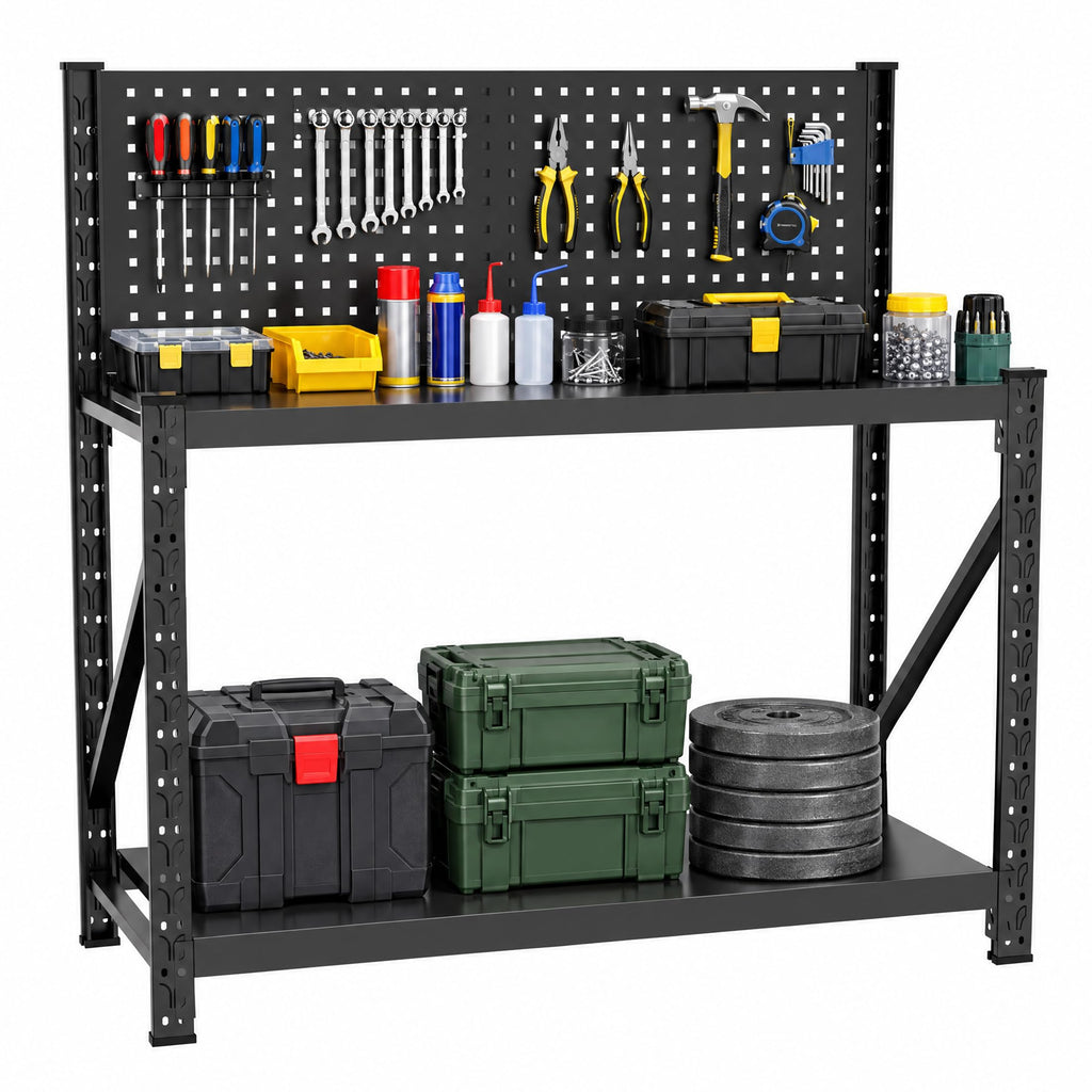 Metal Workbench with Pegboard, Heavy Duty 3-Tier Adjustable Shelf Tool Work Table, Multi-Purpose Workstation for