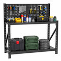 Metal Workbench with Pegboard, Heavy Duty 3-Tier Adjustable Shelf Tool Work Table, Multi-Purpose Workstation for
