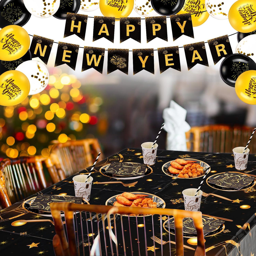 212 Pcs Happy New Years Eve Party Supplies 2026 Set- Black Gold Happy New Year Decorations Kit, Tableware Set 24