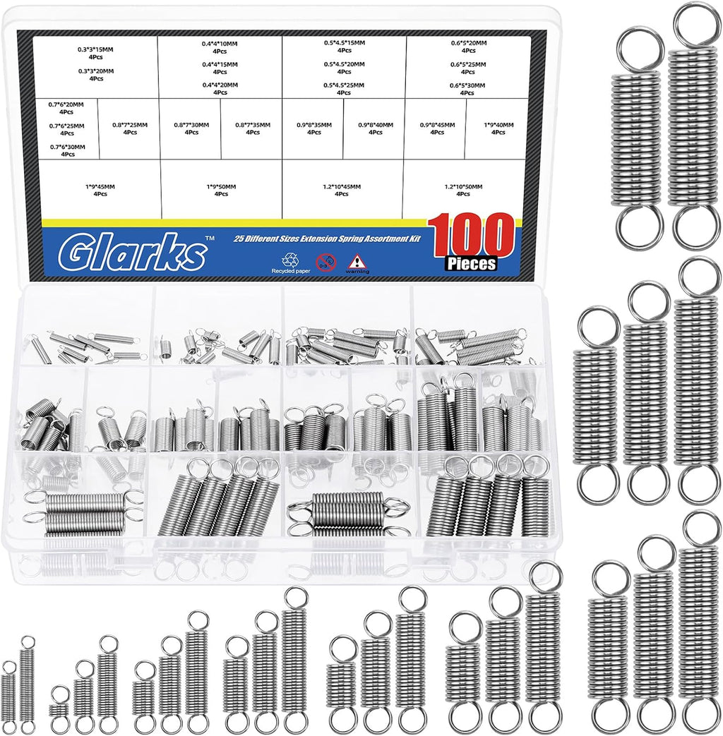 100pcs Stainless Steel Extension Springs with Double Hook Sets 25 Sizes Small Spring Tension Spring Wire Assortment