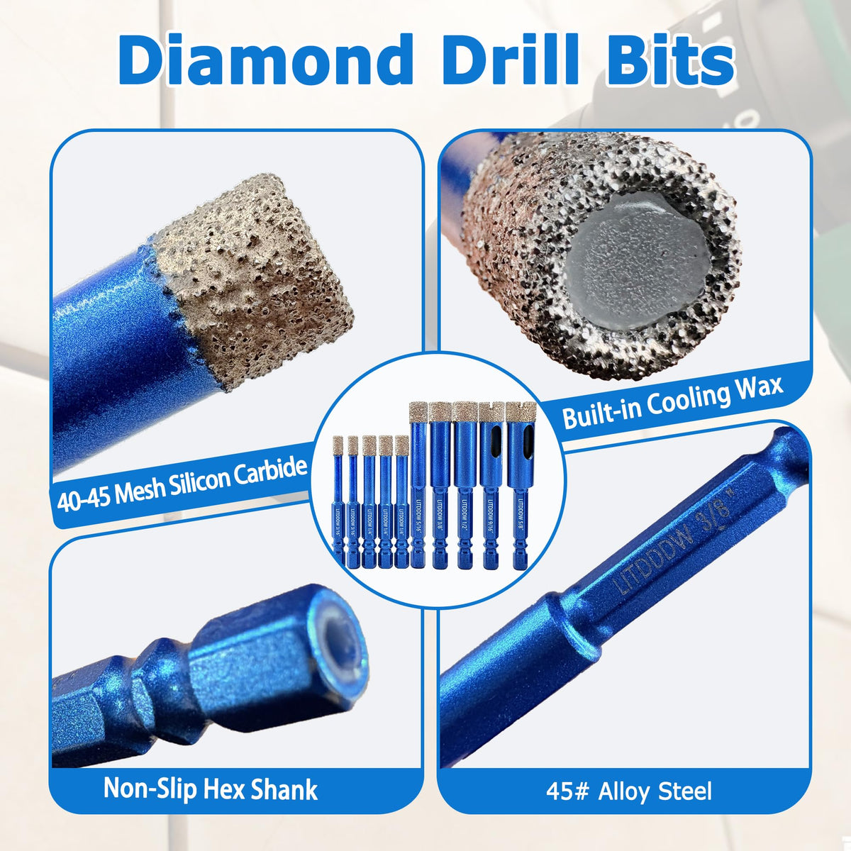 LITDDDW 10-Pack Hex Shank Dry Diamond Drill Bits,7 Mixed Sizes 3/16"-5/8"