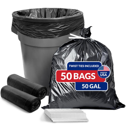 50 Gallon Trash Bags (50 Count) | Black | Twist Ties Included | Extra Tough, Leak-Proof, Heavy Duty Garbage Bags |