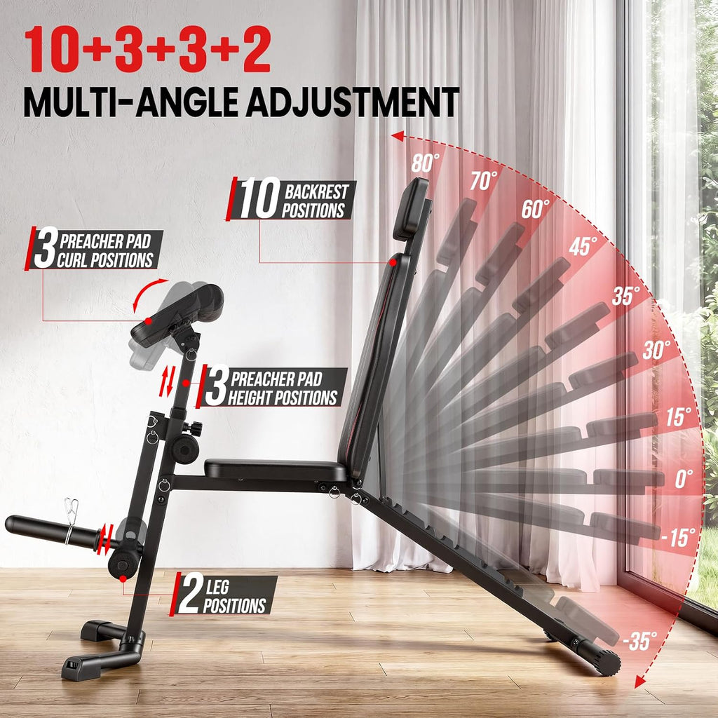 Adjustable Weight Bench with Leg Extension and Preacher Curl Pad | Foldable Workout Bench, 10 Positions Incline