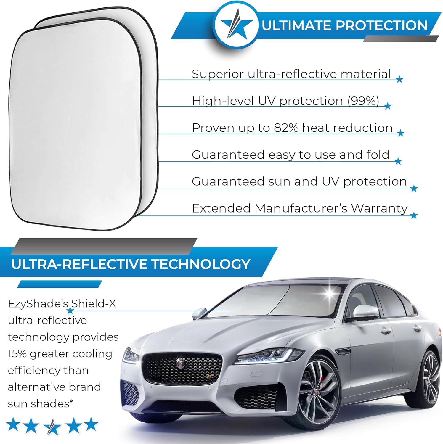 Windshield Sun Shade with Shield-X Reflective Technology. See Size-Chart with Your Vehicle. Foldable 2-Piece Car