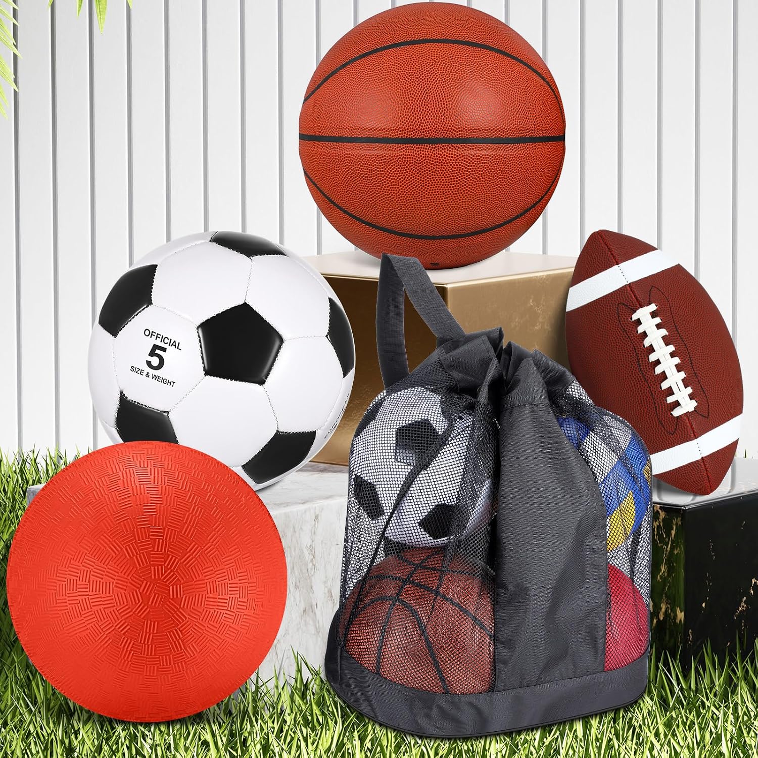 4 Pcs Sports Balls Set for Teen Adult, Include Official Size Basketball Soccer Football Playground Ball Pump