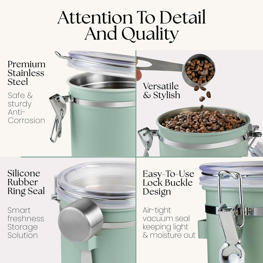 Coffee Canister, Airtight Coffee Bean Storage Container 16oz | Green Stainless steel container with clear lid, CO2