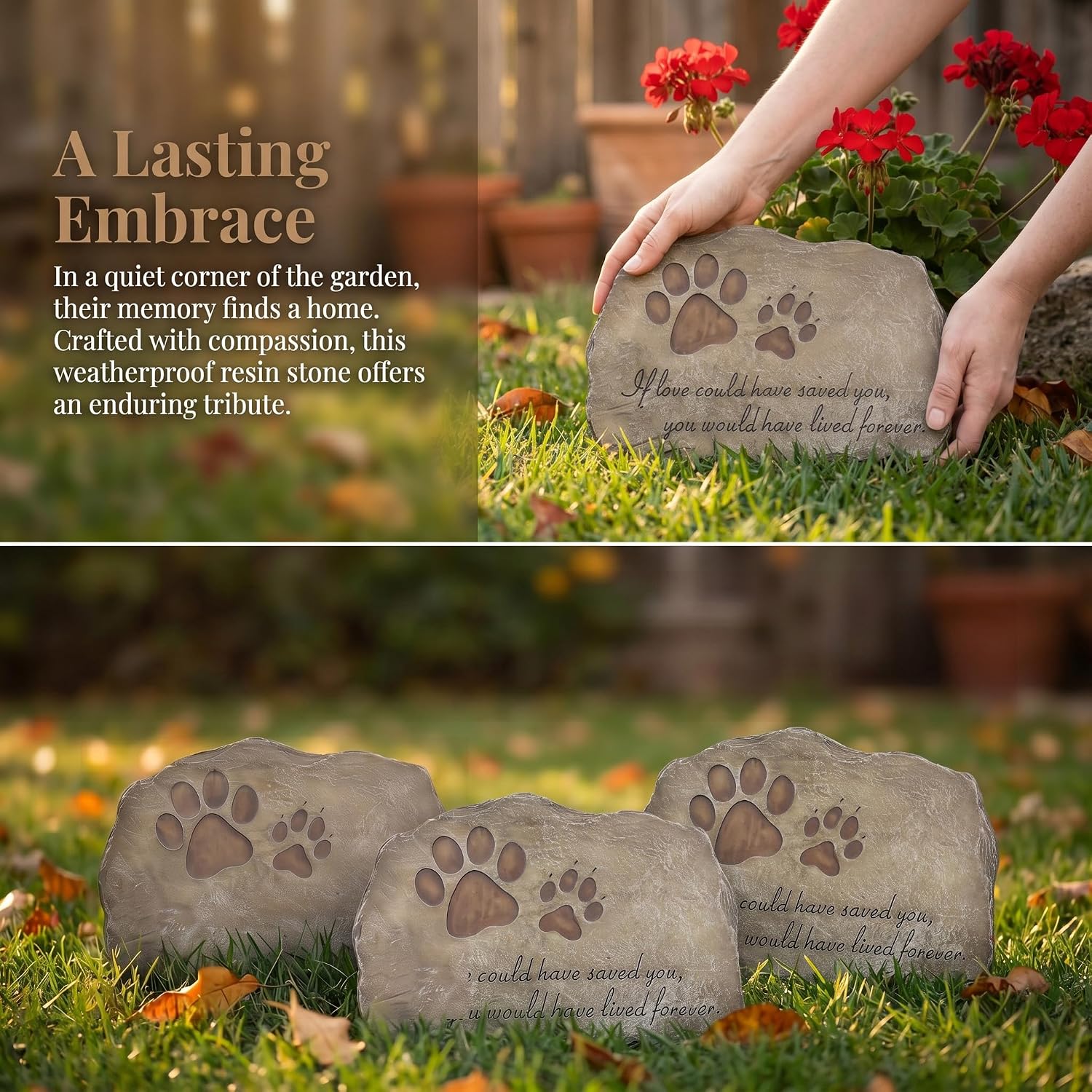 Paw Prints Dog Pet Memorial Stones, Pet Garden Stone Grave Marker for Dog or Cat, Hand-Painted Pet Memorial Gift Loss