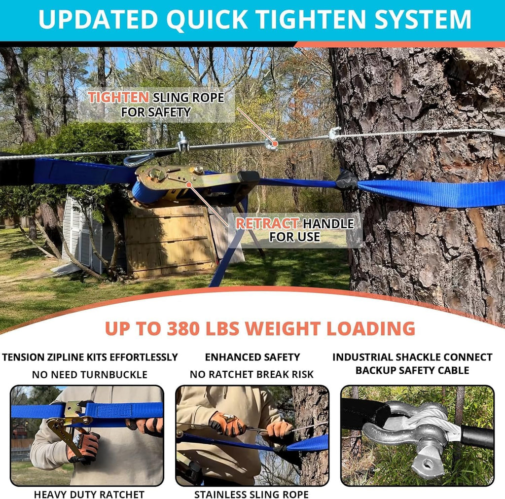 Zip Line Kit for Kids Adults : 100FT / 120FT / 150FT / 200FT Up to 380Lbs - Quick Tighten Zipline for Backyard