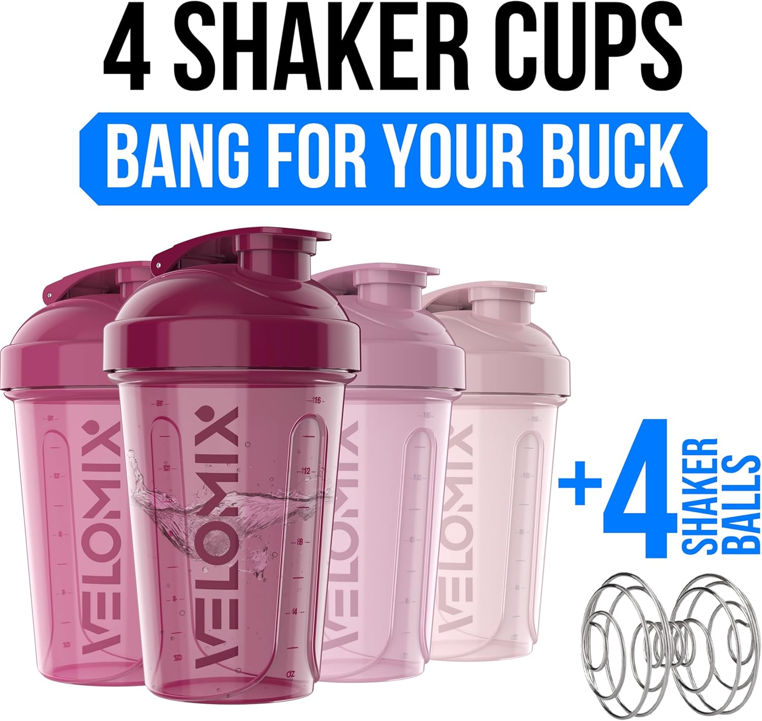 4 Pack 20oz Protein Shaker Bottle for Protein Mixes, Berry Blend | 4x Wire Whisk, Leak Proof Shaker Cups for Protein