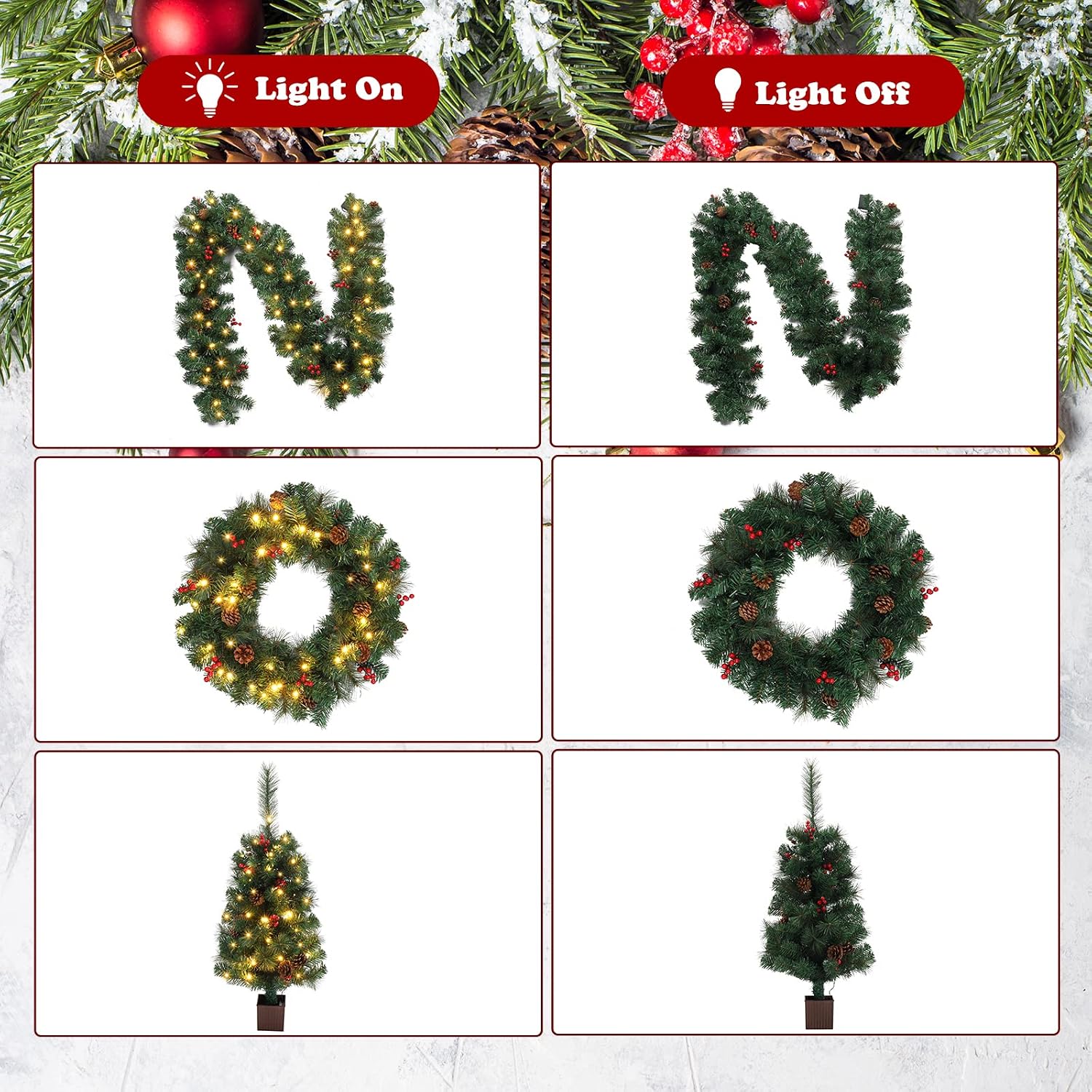Pre-lit Christmas Tree 5-Piece Set with LED Lights, Christmas Garlands, Wreath and Set of 2 Entrance Trees Artificial