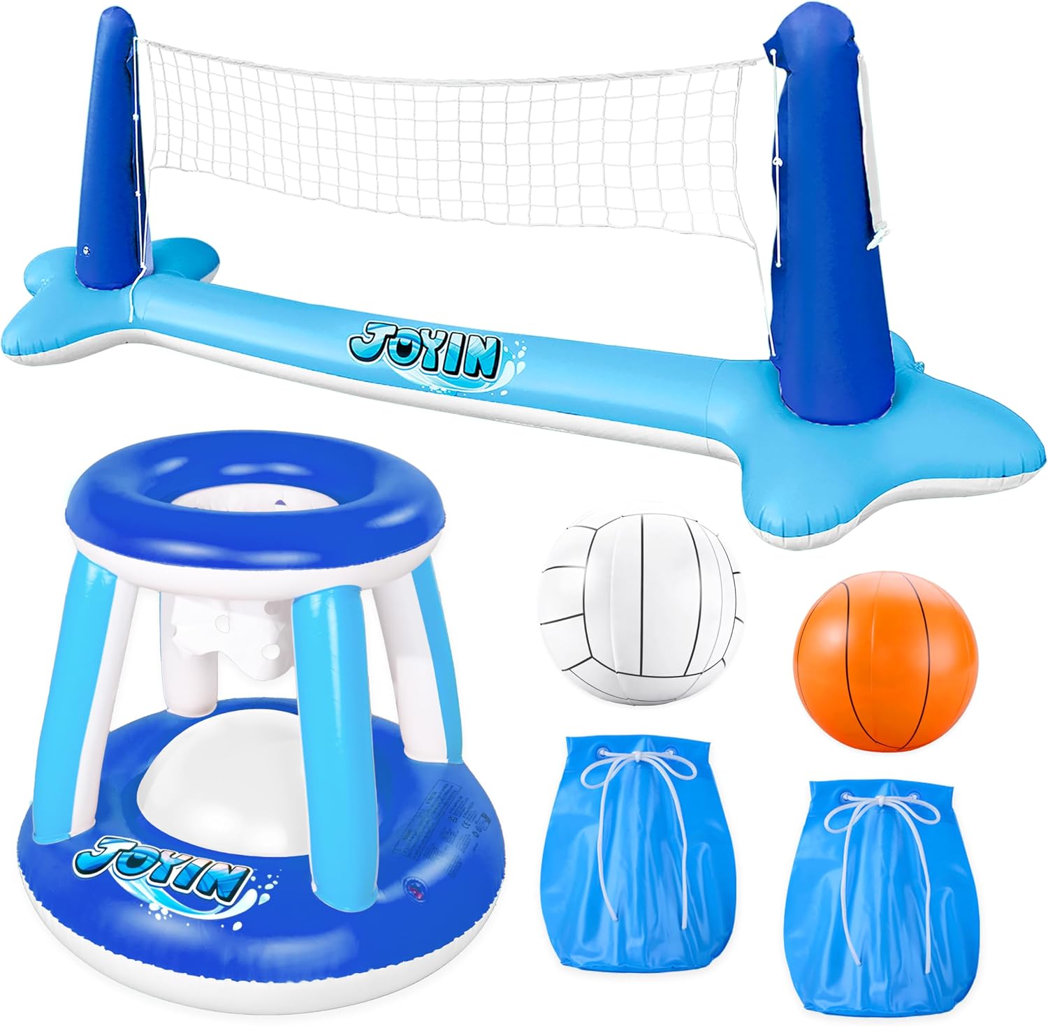 Inflatable Volleyball Net & Basketball Hoops Pool Float Set; Balls Included for Kids/Adults, Summing Pool Game