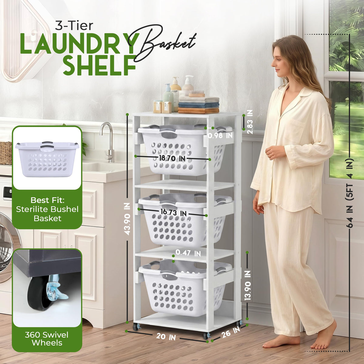 Laundry Basket Holder Shelf, Stackable Laundry Sorter, White, 3 Tier