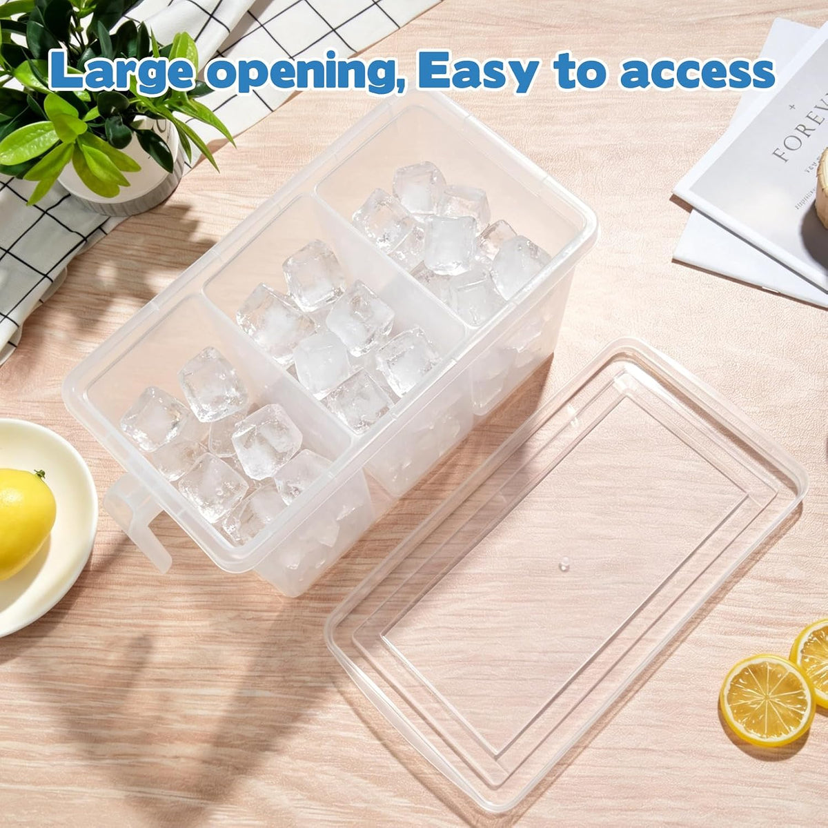 2 Set 3 Divided Ice Bin for Freezer with Lid and 2 Scoop Set Plastic Freezer Ice Bin with Pull-Out Handle Clear