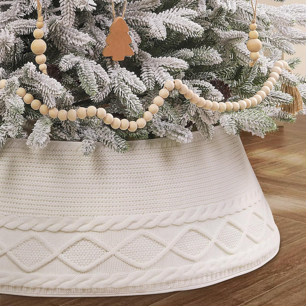 Christmas Tree Collar Skirt,Knitted Cream White Diamond Edge Cable Stand Farmhouse Rustic Tree Ring for Artificial