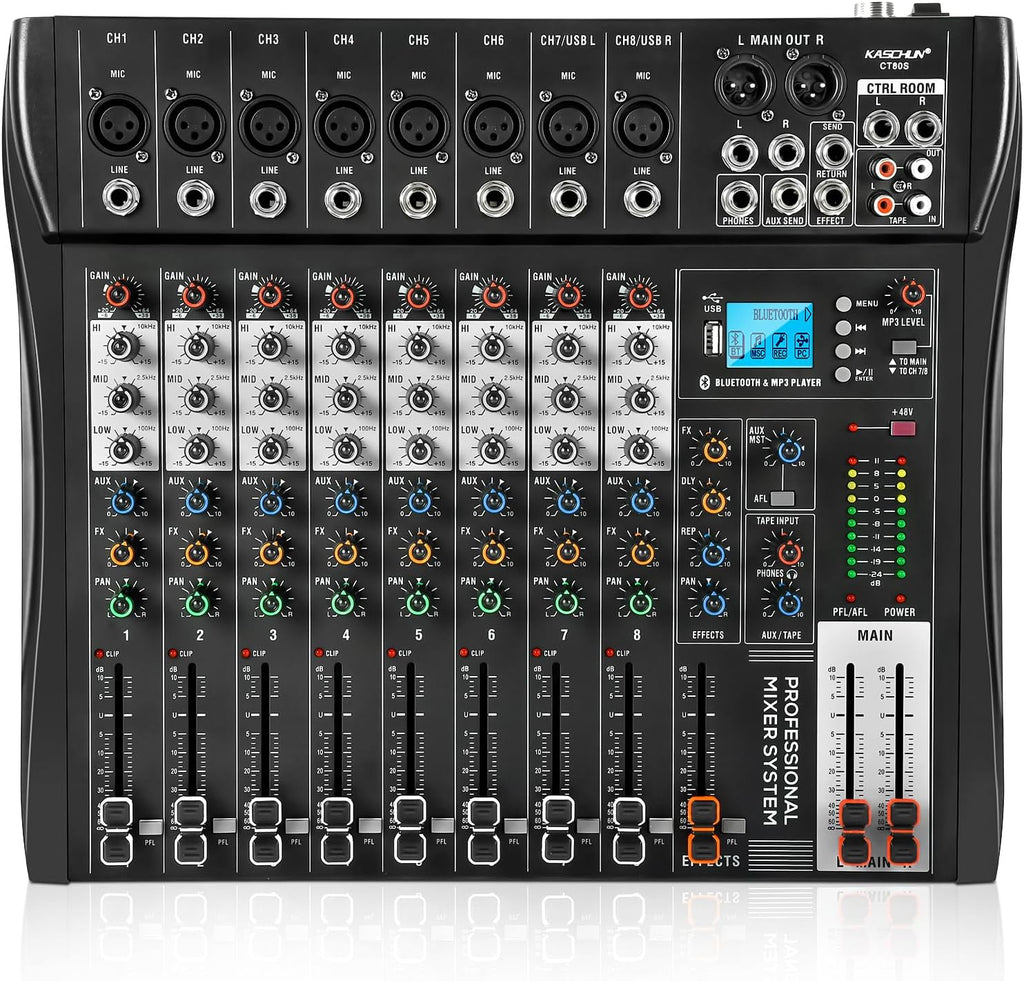 8-Channel Audio Mixer, Recording Sound Board with Bluetooth | DJ Mixer Board with 48V Phantom, USB & XLR Interface