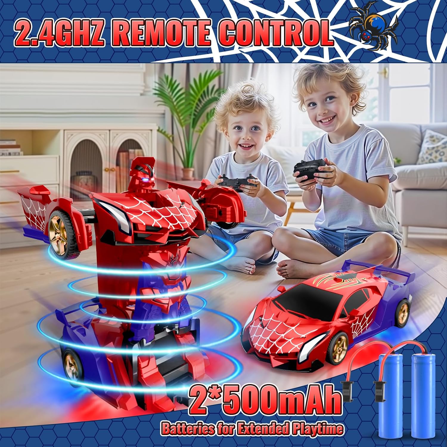 Spider Transform RC Cars Toys with Eye & Underbody Lights, 2.4GHz Remote Control Car One-Button Deformation, Fast