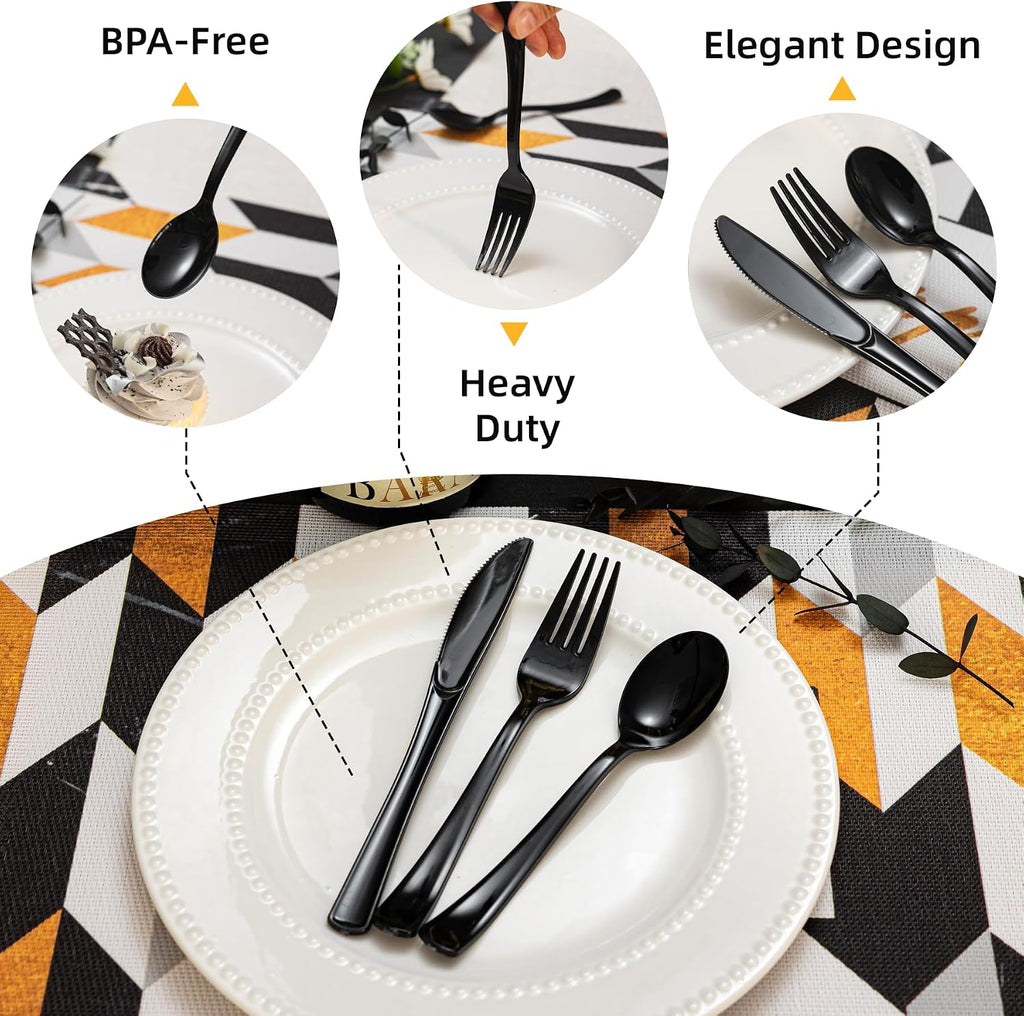 200PCS Black Plastic Silverware, Heavy Duty Disposable Utensils/Cutlery