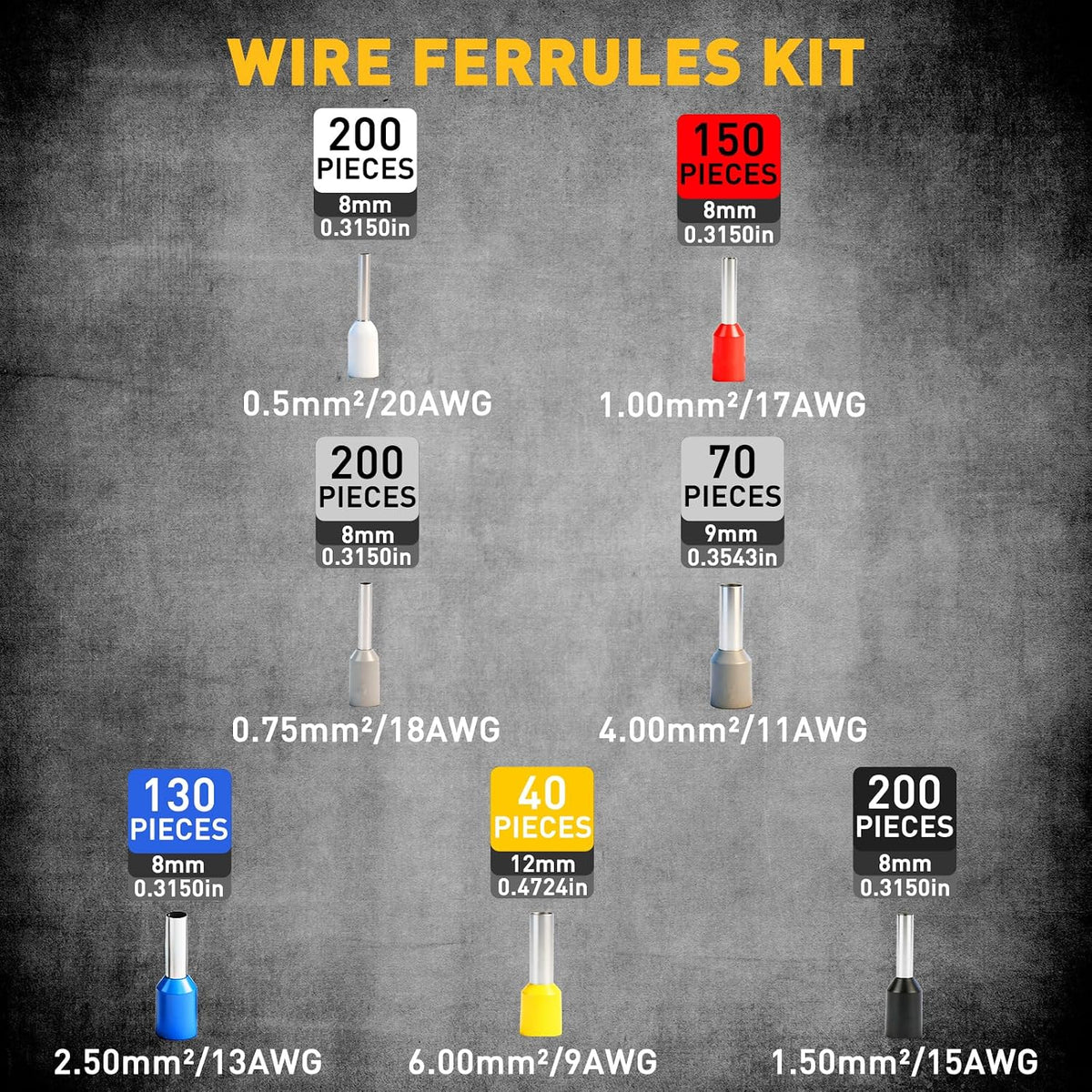 1188-Piece Ferrule Crimping & Stripping Tool Kit, AWG 23-7 (0.25-10 mm²) Ferrule Crimper, Automatic Wire Stripper with Conductor End Sleeve, Terminal, Flat Plug, Flat Connector and Tie Tape