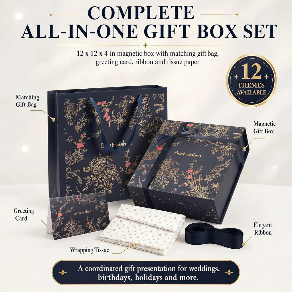 Large Navy Magnetic Gift Box Set, 12 x 12 x 4 Inch, with Gift Bag