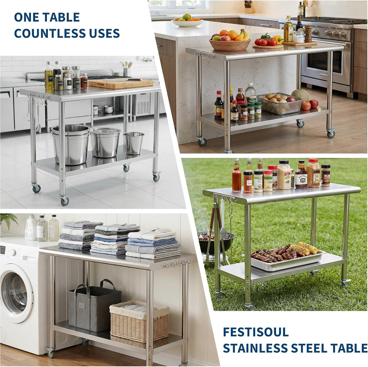 Stainless Steel Prep Table 48"x24"x35" Rolling Work Table BBQ