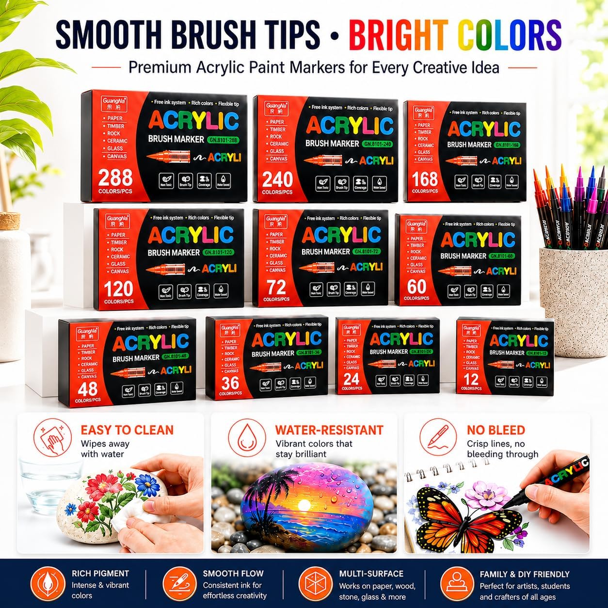 72 Colors Soft Brush Tip Acrylic Markers Set, Paint Pens for Rock, Wood, Fabric, Canvas, Glass, DIY Crafts