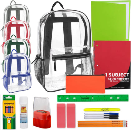 24 Pack Bulk Clear Backpack Heavy Duty with School Supplies, Side Pockets for Kids, Boys, Girls, School, Stadium