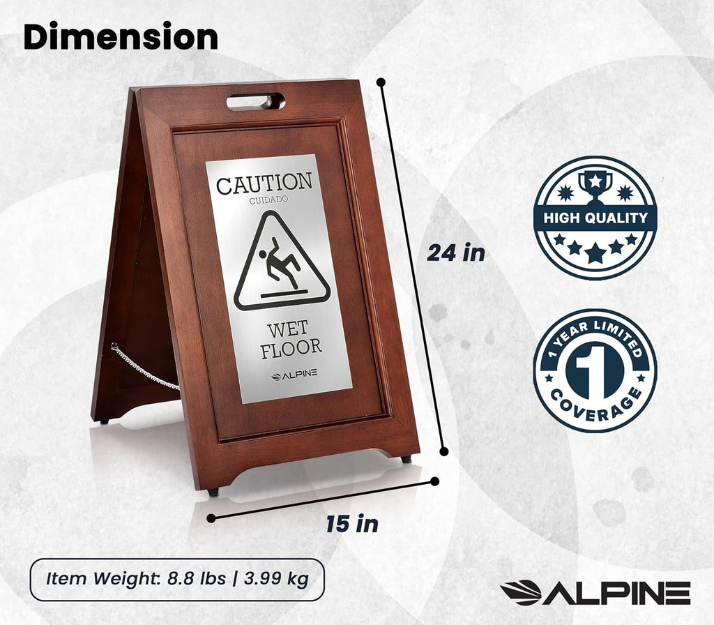 Wooden Wet Floor Sign – High-End Slippery When Wet Caution Sign, Bilingual English & Spanish, Stainless Steel Plate