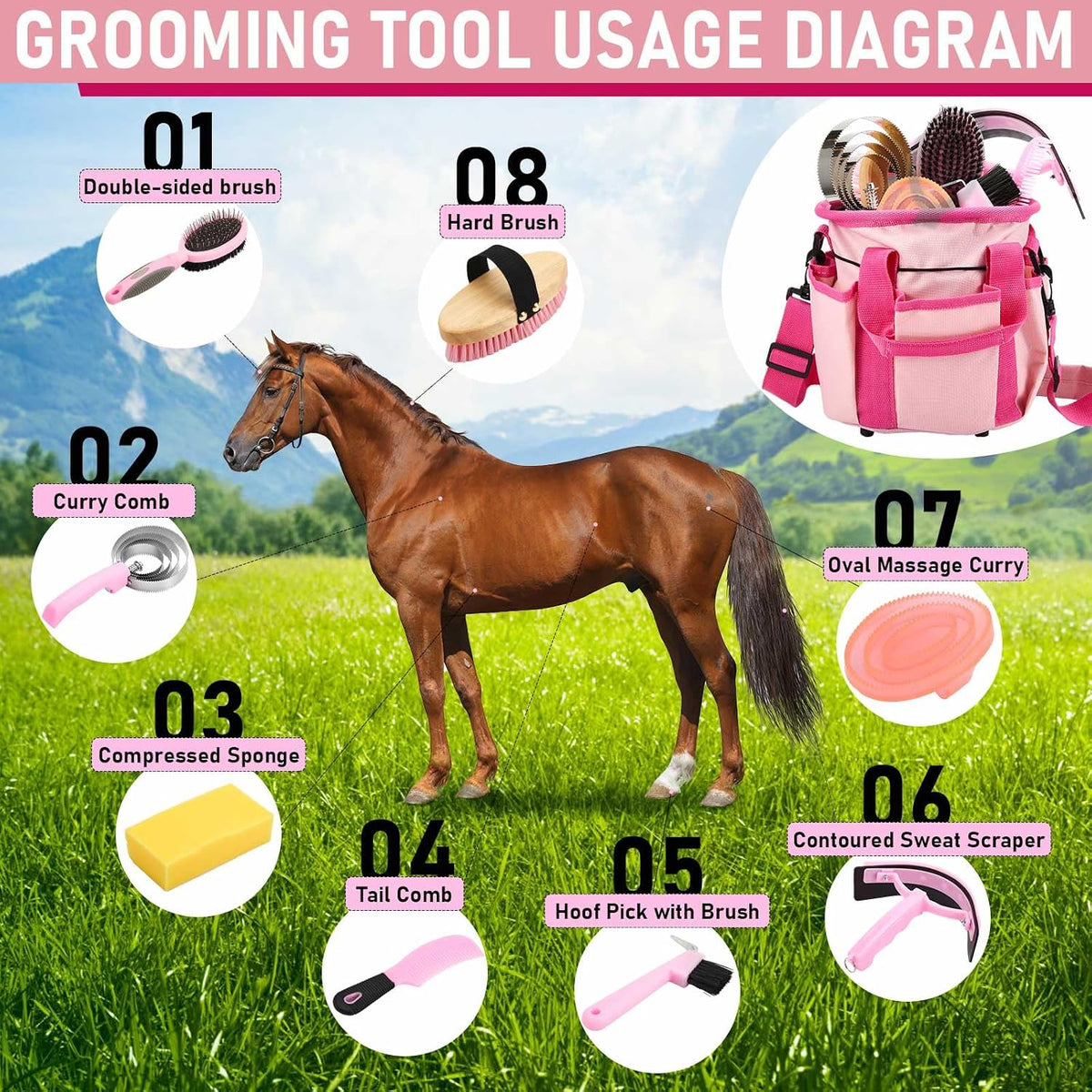 9 Pcs Horse Grooming Kit Tack Room Supplies, Classic, Pink