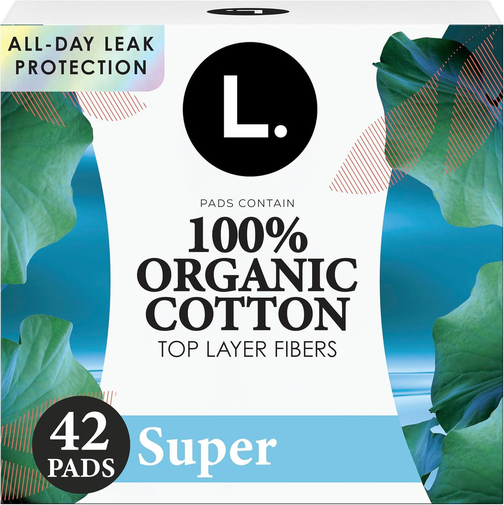 L. Ultra Thin Pads for Women, Organic Cotton Top Layer, Super Absorbency, Menstrual Pads with Wings, Made Without
