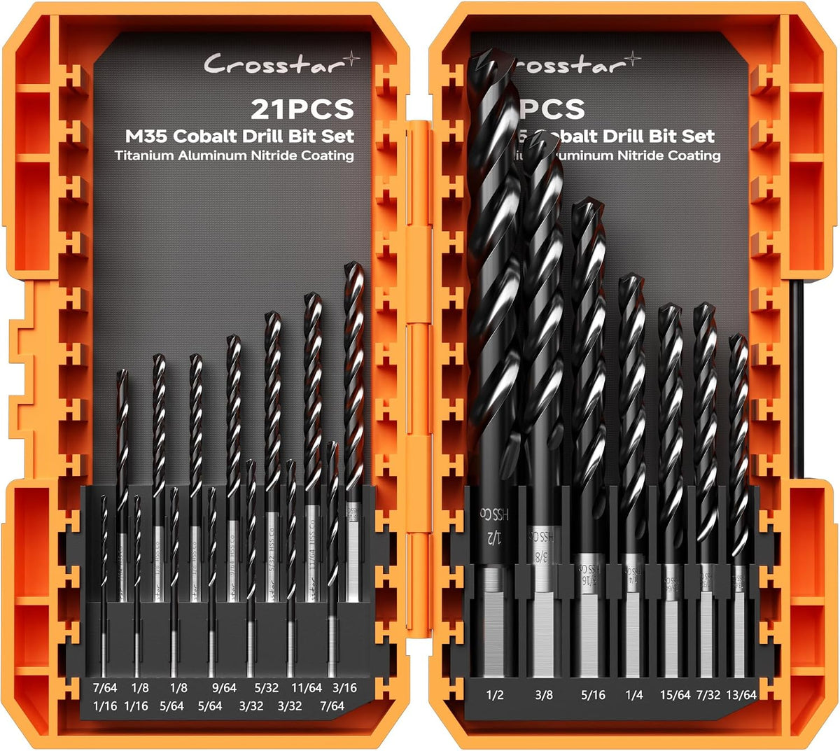 Crosstar M35 Cobalt Drill Bit Set,Three-Flute Design,1/16"-1/2",21pcs