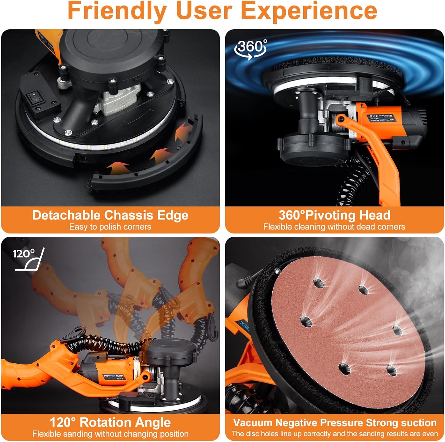 Drywall Sander, 1000W Popcorn Ceiling Removal Tool, Automatic Drywall Sander with Vacuum Dust Collection, LED Light