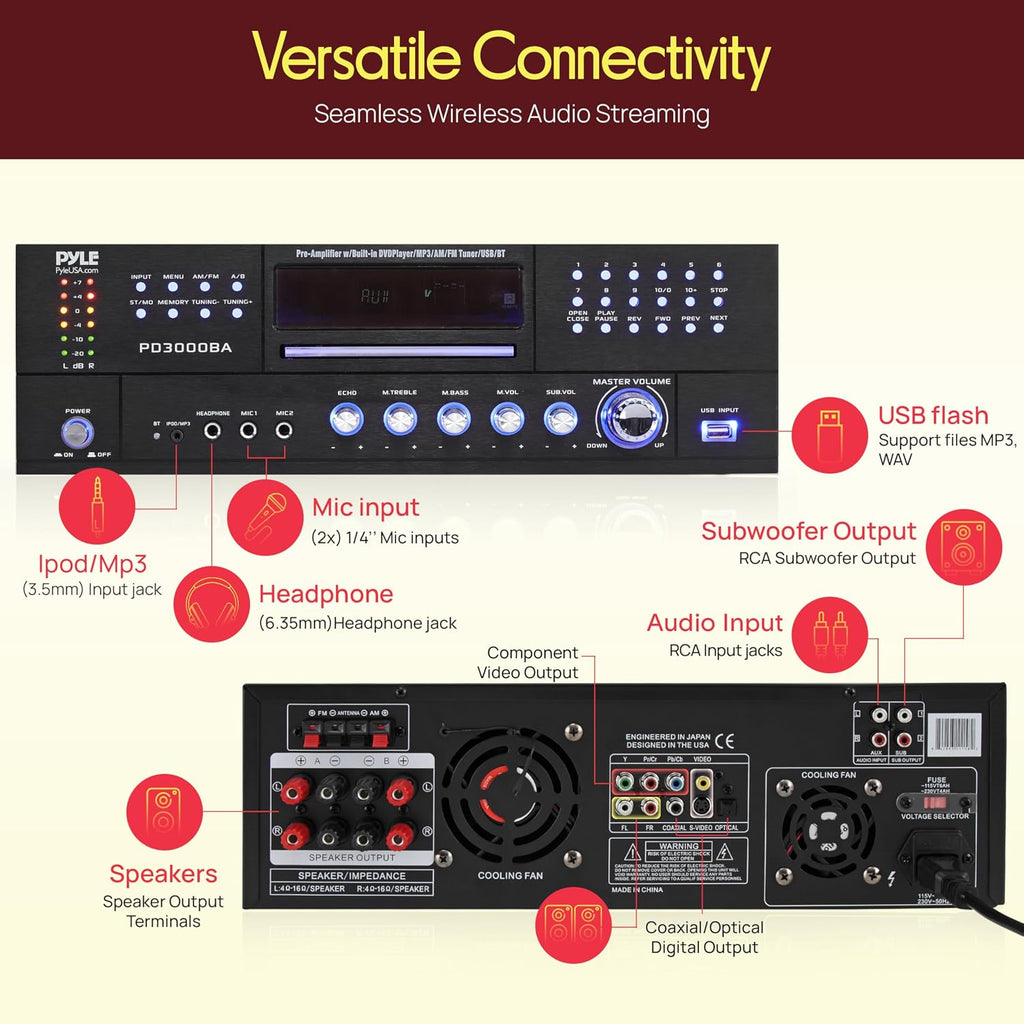 4 Channel Bluetooth Home Amplifier - Front Loading DVD/CD Player - 3000W Peak Stereo Receiver - 2 Mic Inputs w/ Echo