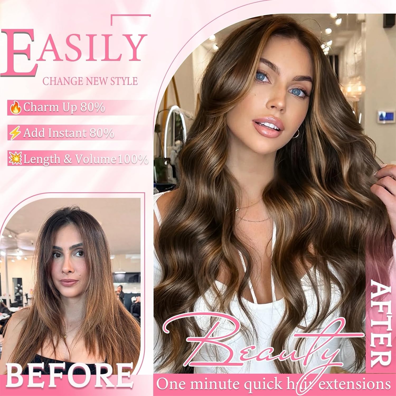 Clip in Hair Extensions Real Human Hair Dark Brown Highlights for Women | Seamless, Balayage, 100% Human Hair