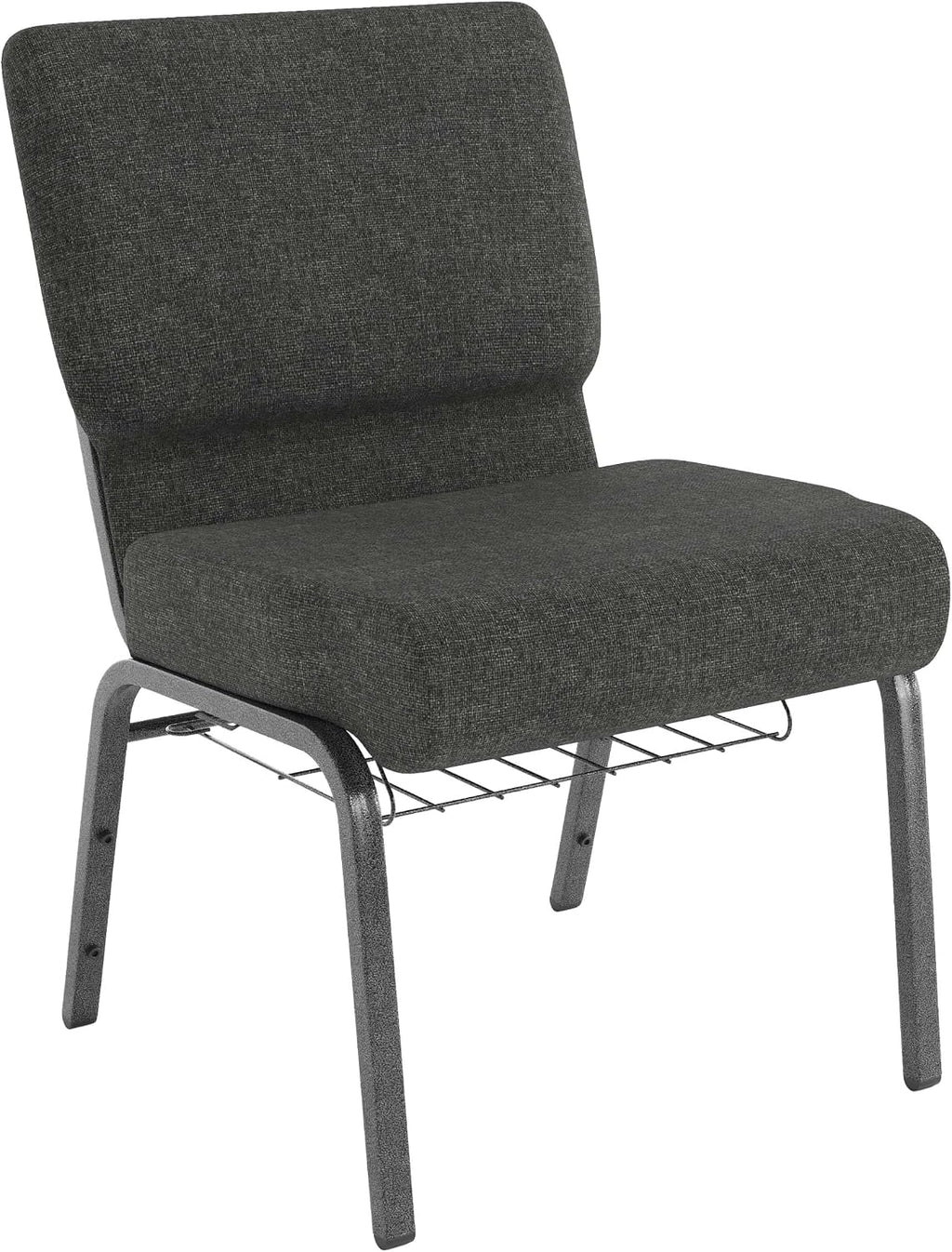 HERCULES Series 21''W Church Chair in Dark Gray Fabric with Book Rack - Silver Vein Frame