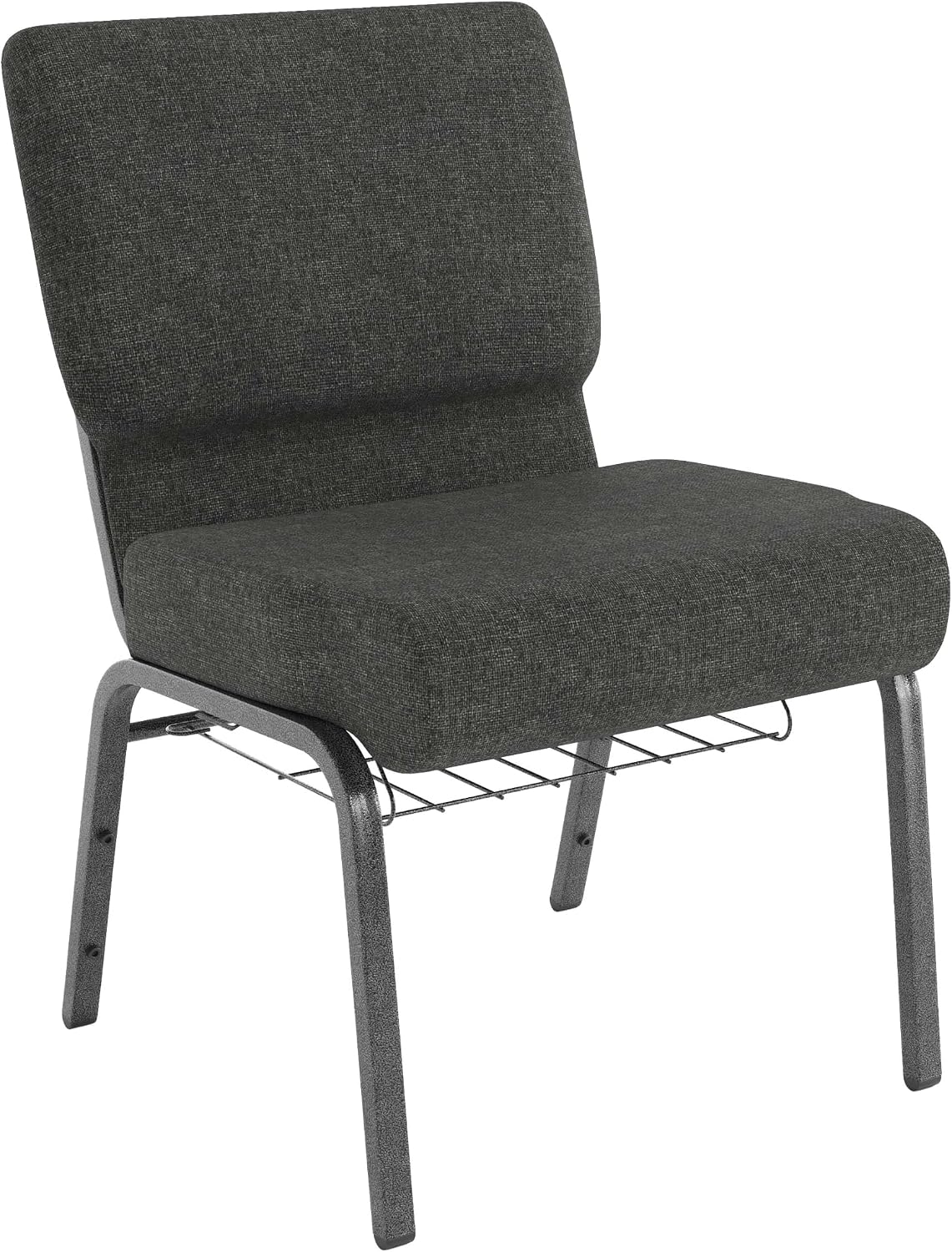 HERCULES Series 21''W Church Chair in Dark Gray Fabric with Book Rack - Silver Vein Frame