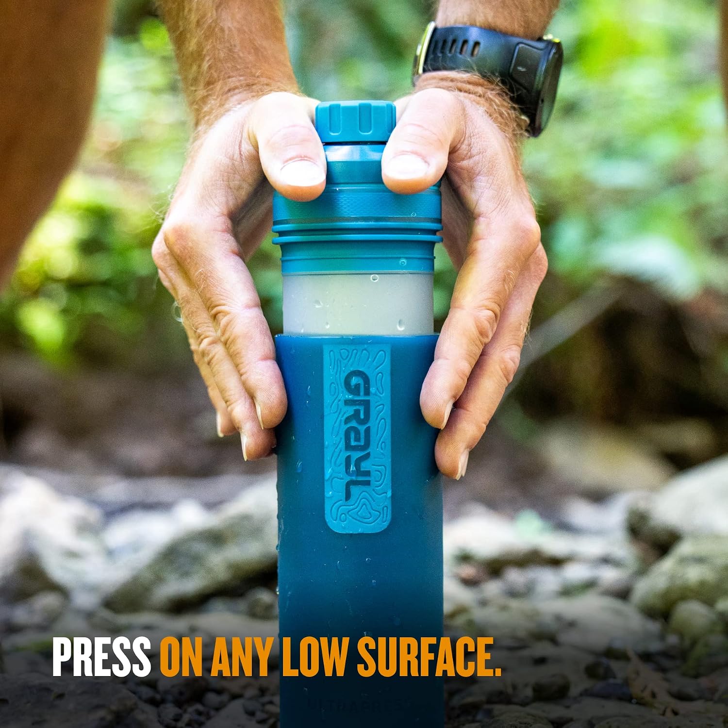 UltraPress Water Purifier & Filter Bottle for Hiking, Backpacking, and Travel (Forest Blue)