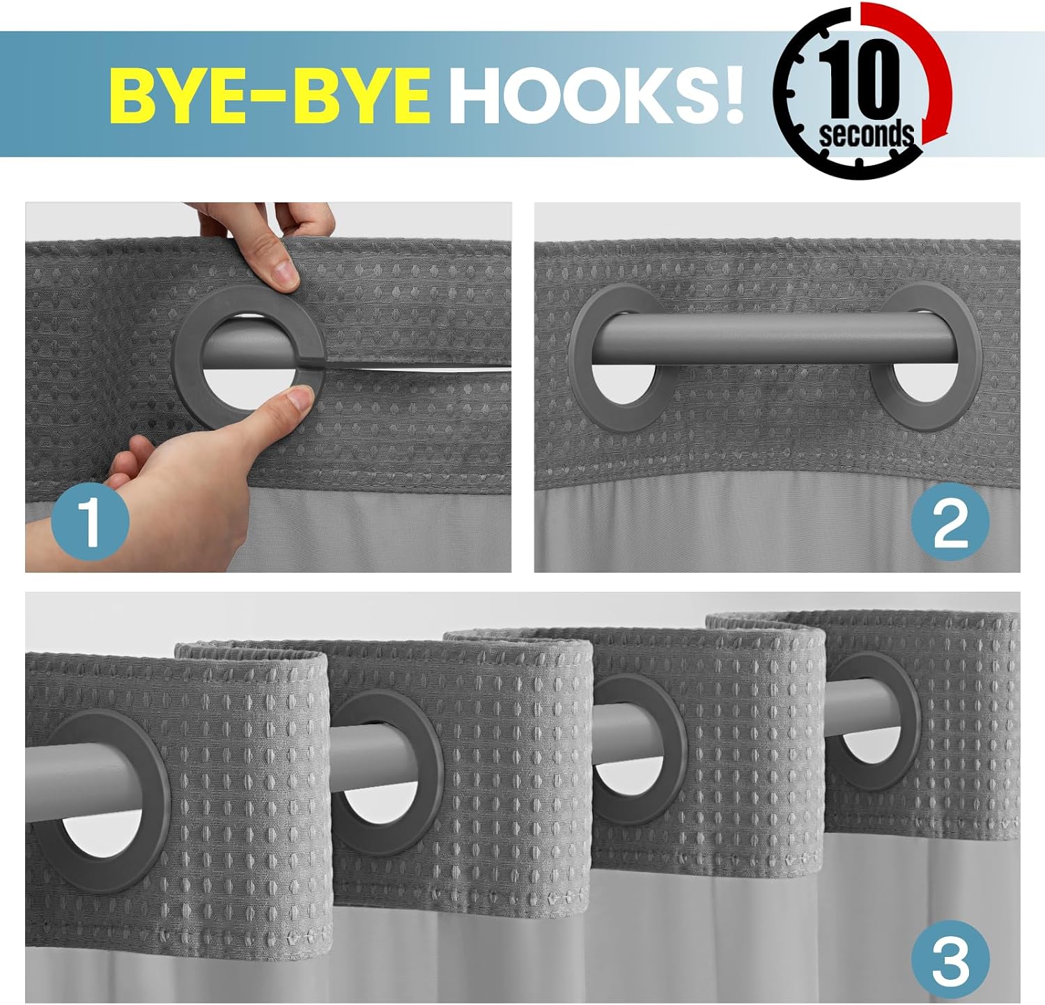No Hook Shower Curtain with Snap in Liner Set Waffle Shower Curtain for Bathroom Hotel Style Fabric Waterproof Inner