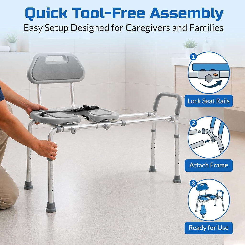 Sliding Shower Chair HydroGlyde Premium Heavy Duty, Padded Bathtub Transfer Bench with Cut Out Seat, for Bath Tub