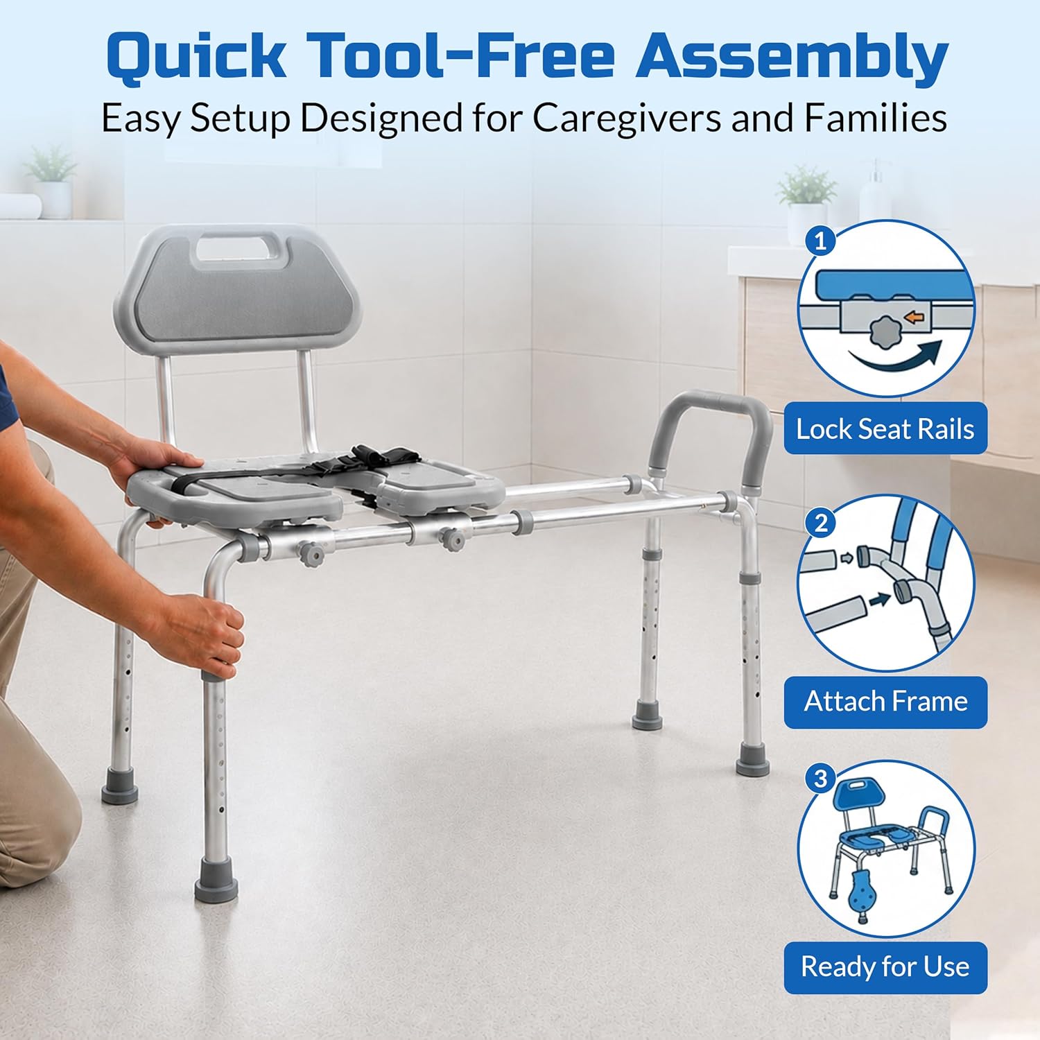 Sliding Shower Chair HydroGlyde Premium Heavy Duty, Padded Bathtub Transfer Bench with Cut Out Seat, for Bath Tub