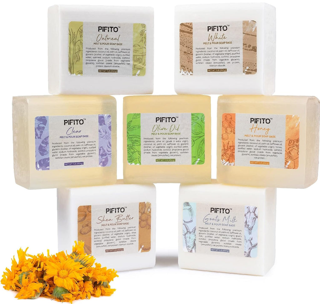 Melt and Pour Soap Base Sampler (7 lbs) │ Assortment of 7 Bases (1lb ea) │ Clear, White, Goats Milk, Shea Butter