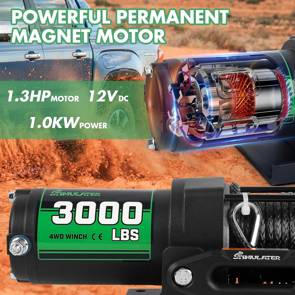 3000lb ATV Winch with Synthetic Rope,Electric Winch 12V, with Wireless Remote Control and Manual Switch, with Hawse