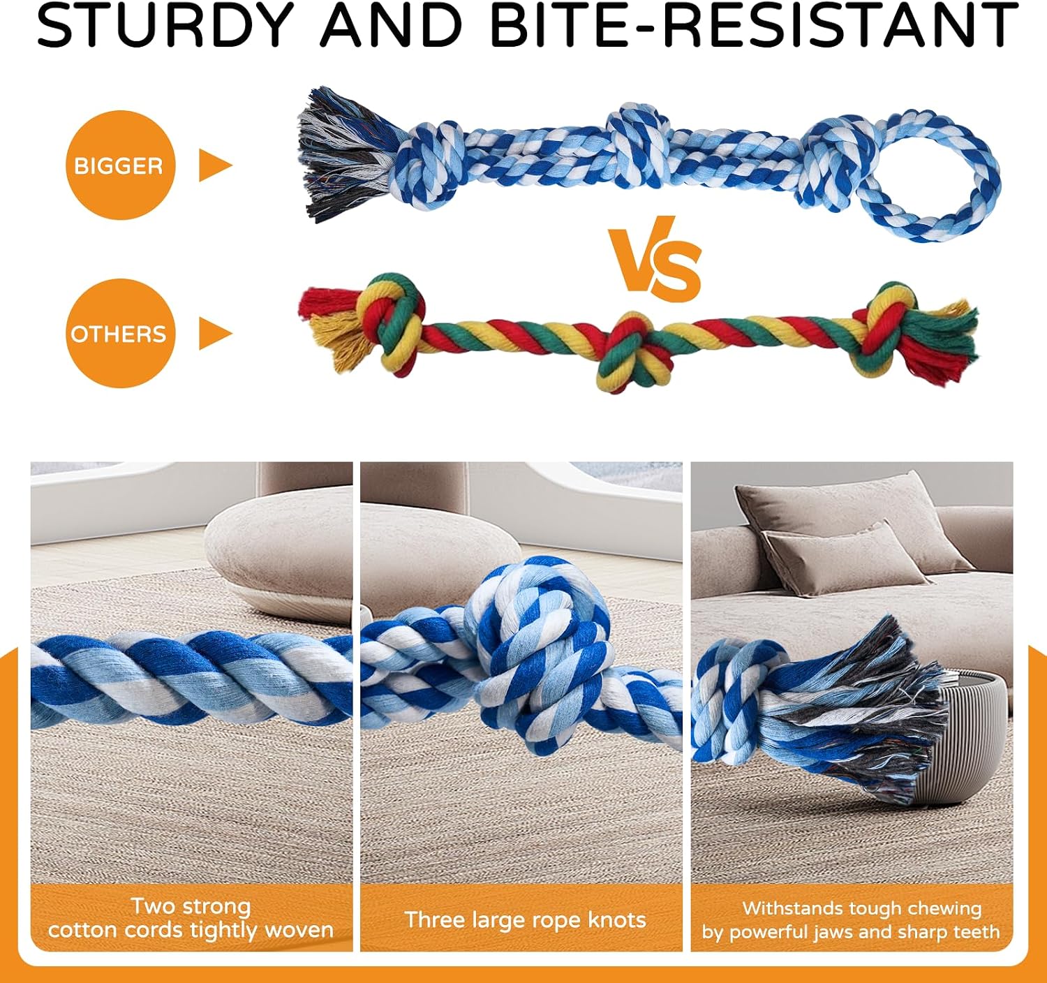 2 Pack Dog Rope Toys for Medium Large Breed, Nearly Indestructible Dog Chew Toys for Aggressive Chewers, Teeth
