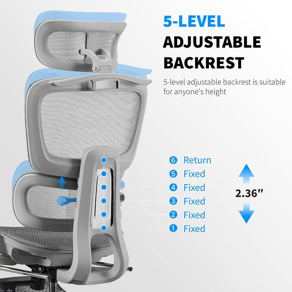 Mesh Ergonomic Office Chair with Footrest, Grey | High Back, Lumbar Support, Adjustable Headrest and Armrests, Gaming