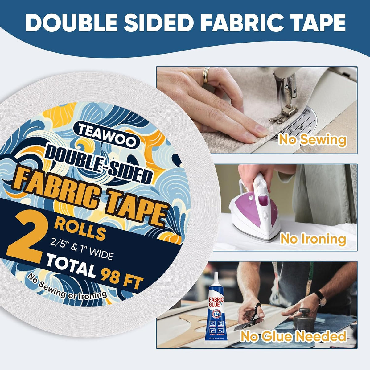 2 Rolls Double Sided Fabric Tape, 2/5-1IN 98 FT Hem Tape No Sewing No Iron