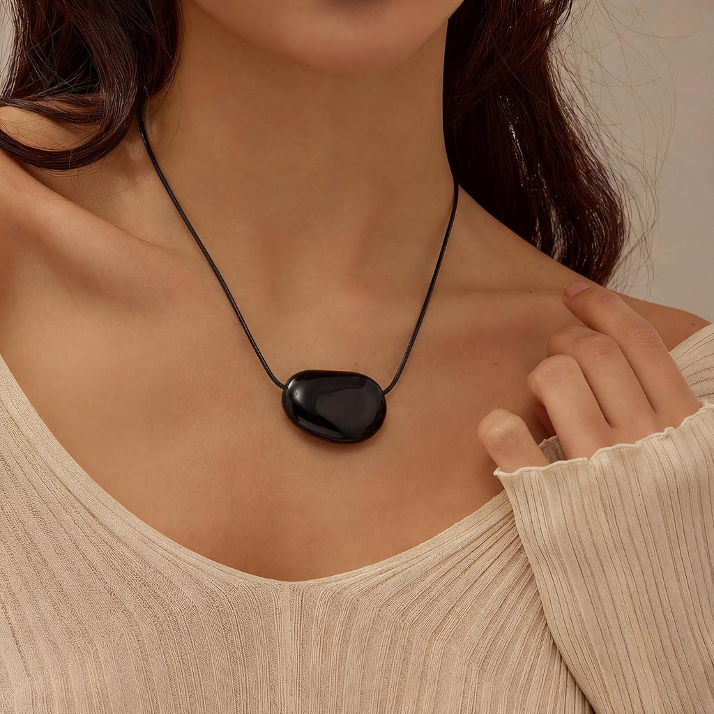 Silver Plated Pebble Pendant Necklace for Women,Chunky Silver Bean Necklace,Large Charm Pendant Necklaces,Black Cord